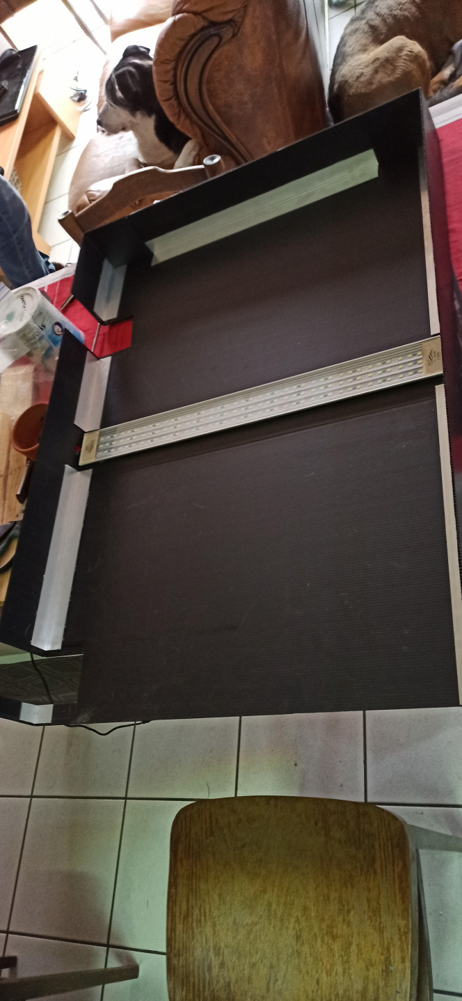Fermeture du 1000 J'ai décidé de passer à l'action et de couvrir le 1000, essentiellement à cause de la diffusion de la lumière des rampes au-dessus, ainsi que pour limiter l'évaporation.  Galerie en 3 parties réalisée en polypropylène alvéolaire renforcée avec des cornières en alu pour la rigidité. Les 4 rampes sont collées en 3 points au Silirub AQ. Quelques défaut d'ajustement (erreurs de cotes).