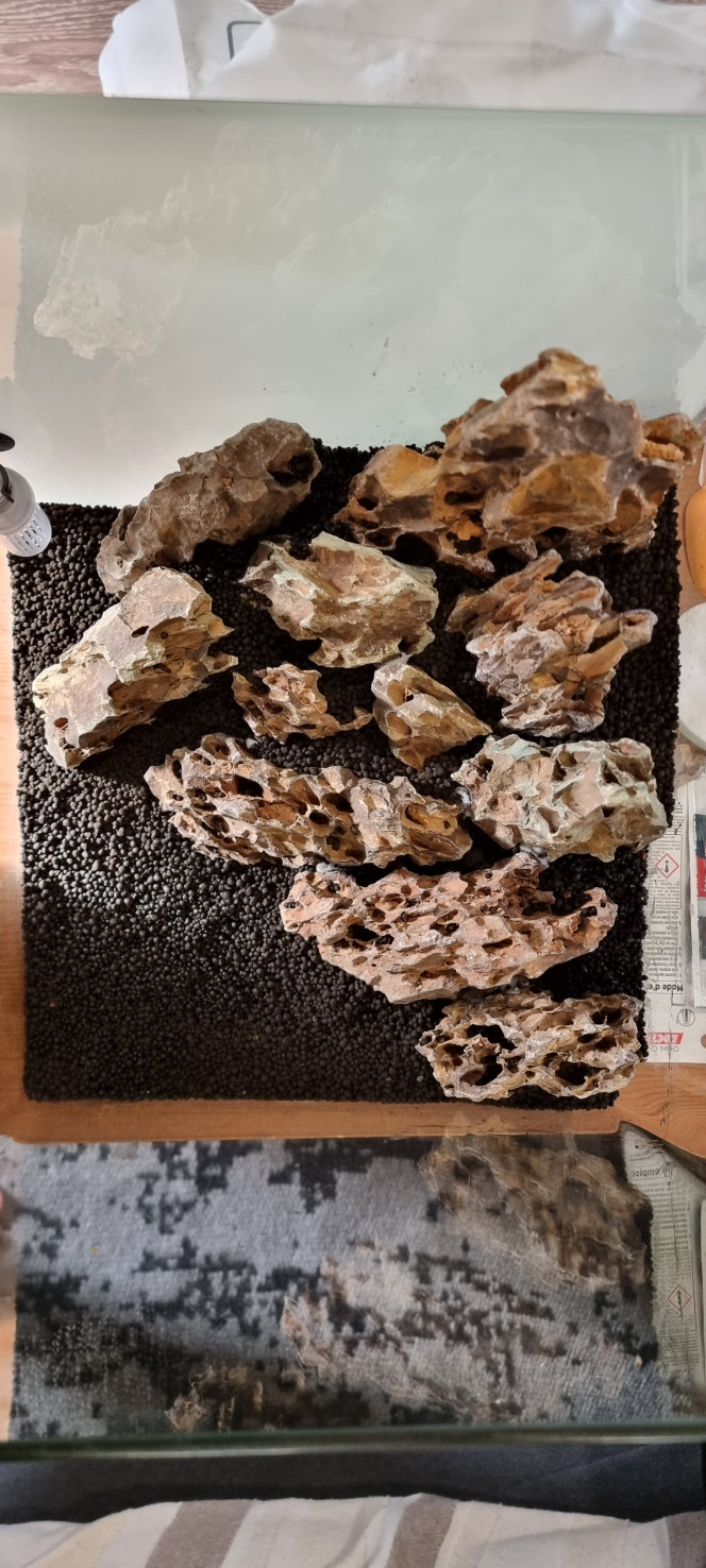 Hardscape 30l Voilà petit montage d'un aquarium Dennerle 30 l constitué de pierre du dragon et de sol technique avec un renfort bactérien avec de la pouzzolane en dessous des pierres avec un assemblage colle forte et filtre à cigarette et tampon à démaquiller