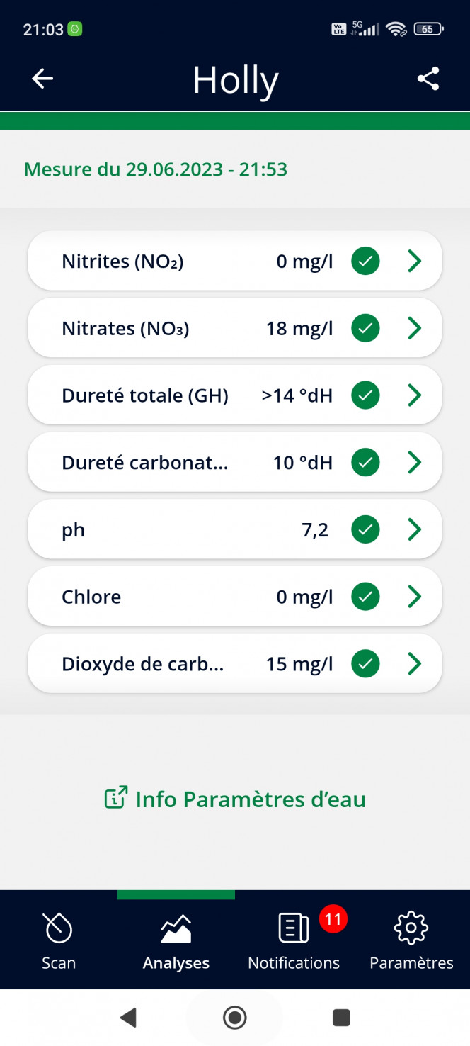 test Voilà les dernières constantes de mon nom avec le scan test de chez JBL qui est plus précis que les tests à lamelles visuel car il se sert d'une carte avec des carrés colorés pour donner des informations beaucoup plus précise.