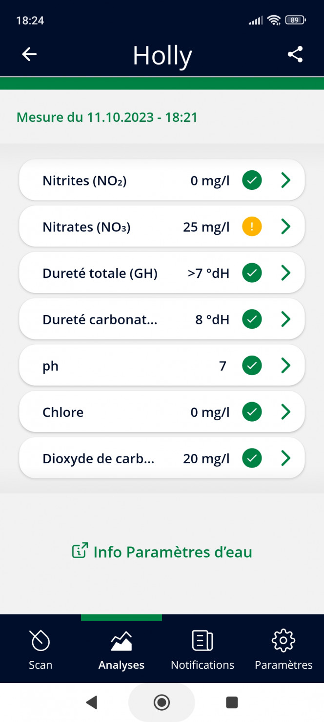 dernier relevé après un traitement général Est nettoyage complet au charbon actif est changement de plus des 2/3 d eau ainsi qu un vidage total afin de nettoyer le sable pour la première fois depuis la mise en eau du bac sans oublier le replantage modifié est lumières puissance est temps modifier aussi ça à l aire d aitre mieux comme ça car quand ont vois le relevé ici c est mieux vous en pensez quoi ?a 26 degré