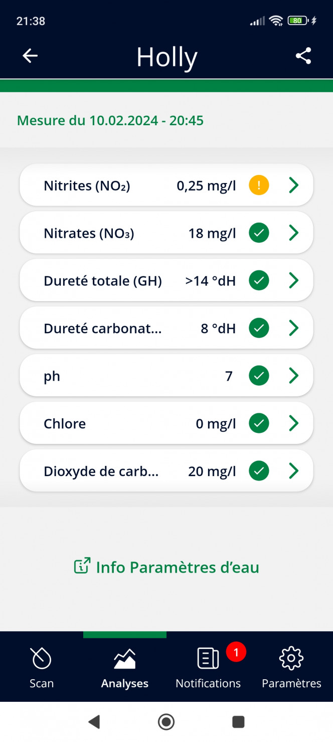 relevé Voilà le relevé en cette soirée le petit pic de nitrate c'est normal on est le soir c'est le changement de nitrite en nitrate ou le contraire je sais jamais mais dans les autres tests j'ai même réussi à avoir 0 0 de plus j'ai réussi si vous suivez mes petits problèmes à régler la dureté de l'eau je me demande si ce problème n'est pas à l'origine de mon eau verte car c'est pareil l'histoire de dureté carbonatée j'ai mis plus d'un mois à régler ce problème est derrière comme par hasard l'eau devient verte car un médicament ça m'étonnerait que ça m'aurait fait ça donc je pense qu'il y a une cause à effet avec ma dureté carbonatée est mon eau verte comme quoi un problème peut découler d'un autre mais tout ça vient de ma surpopulation j'en suis bien conscient je pense même à faire une séparation proprement dans l'aquarium et mettre les mains les femelles quand je veux simplement avoir des petits et pas qu'ils en face à tir la Rigaud comme il faut car après c'est nous qui devons régler tous ces petits problèmes on aime bien nos bac mais on a d'autres choses à faire que de régler des problèmes indéfiniment bien à vous
