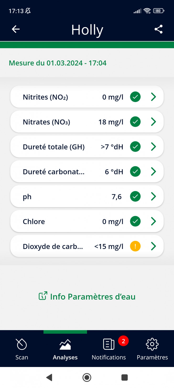 paramètres d'eau Voici mes paramètres d'eau avec mon sable en filtre à piscine et mon filtre UV qui tourne depuis 12h donc rien n'a bougé c'est parfait je me suis même débarrassé de mon eau carbonate chose qui était assez persistante aussi mais il y a eu tellement de nettoyage que finalement ça a réglé des problèmes que je n'arrivais pas à régler là je compte sur le filtre à UV encore quelques jours pour avoir une eau limpide car même du charbon actif n'a rien pu faire contre ces problèmes de eaux trouble et verte un truc de fou.